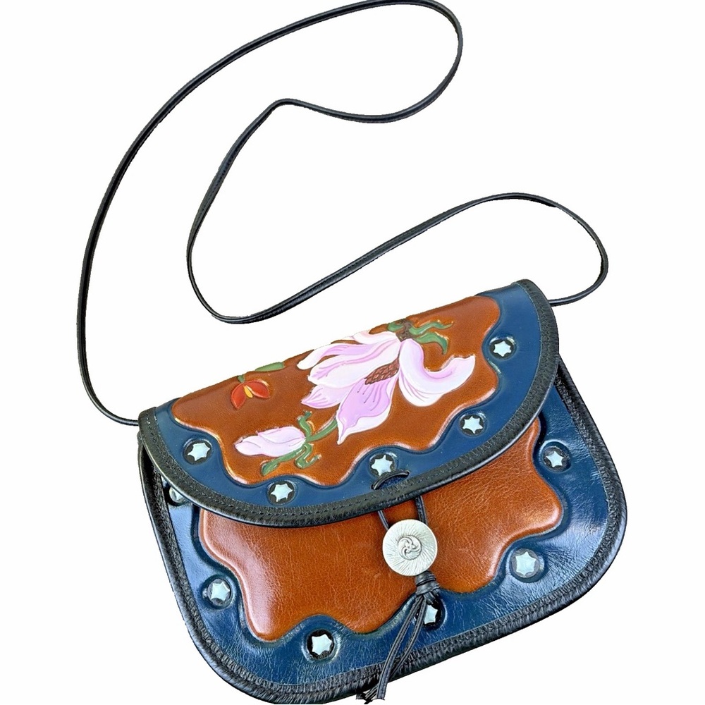 Turtle Ridge Tooled Italian Leather Hand Painted Floral Pewter Button Flap Pouch